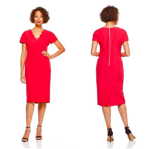 Maggy London Women's Dream Crepe Scalloped Sheath Midi Dress in Red Size 6 - Picture 1 of 10